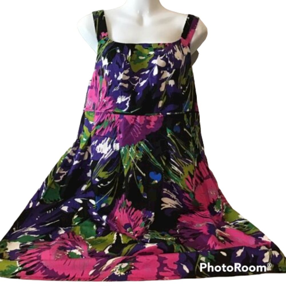 Lane Bryant Halter Dress 14 Black Pink Floral Sleeveless with Stretch